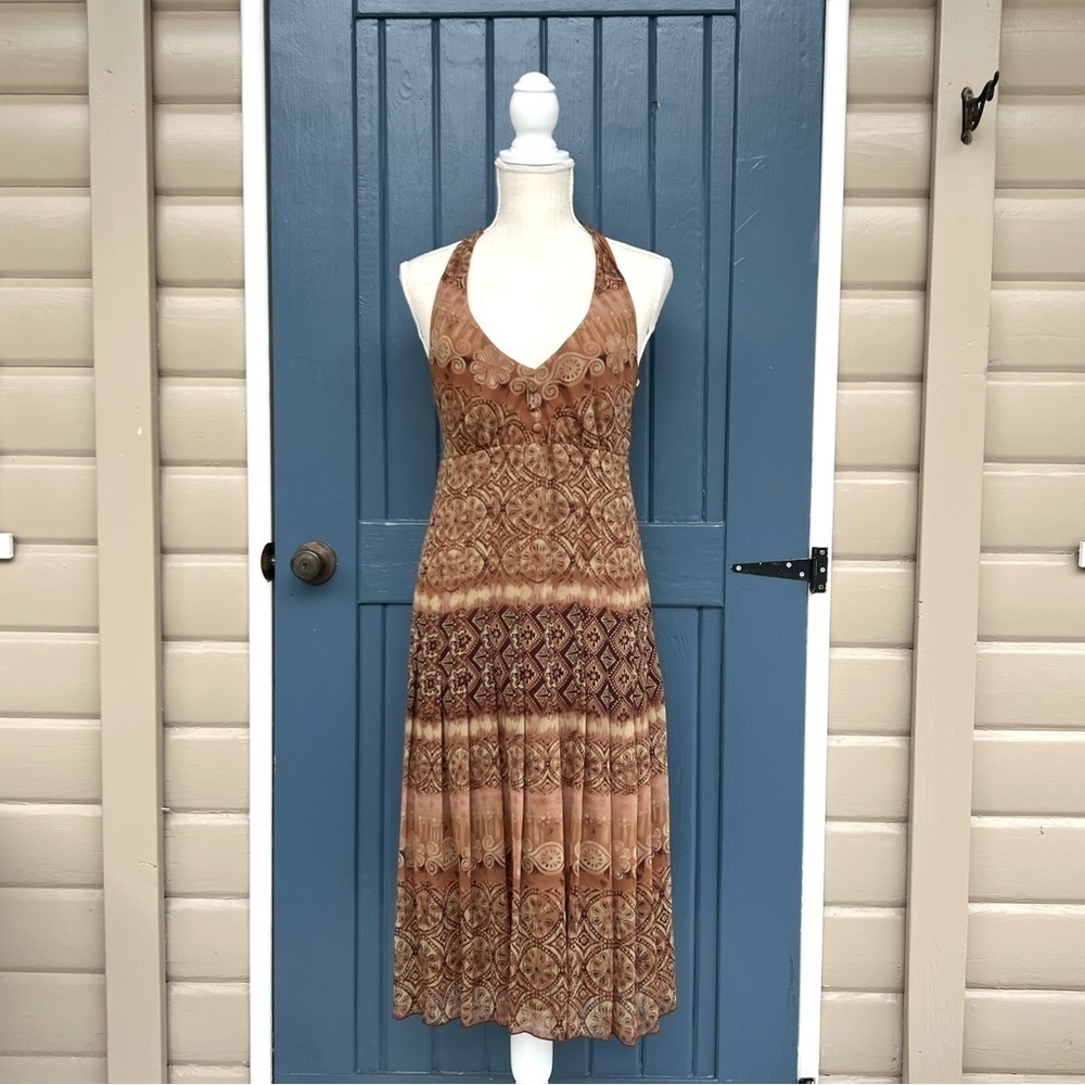 Vintage Halter Dress Boho Fall Earth-tone Women 
Size 4 Elegant Brown Patterned - Picture 2 of 6